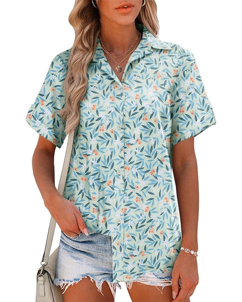 Linen Button Down Shirt Women Cotton Short Sleeve Blouses V Neck Collared Button Up Summer Beach Tops Blue Leaves $12.00 Blouses