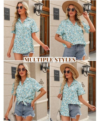 Linen Button Down Shirt Women Cotton Short Sleeve Blouses V Neck Collared Button Up Summer Beach Tops Blue Leaves $12.00 Blouses