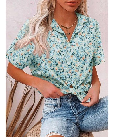 Linen Button Down Shirt Women Cotton Short Sleeve Blouses V Neck Collared Button Up Summer Beach Tops Blue Leaves $12.00 Blouses