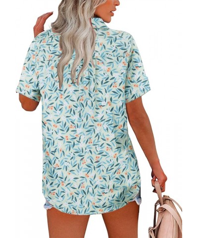 Linen Button Down Shirt Women Cotton Short Sleeve Blouses V Neck Collared Button Up Summer Beach Tops Blue Leaves $12.00 Blouses