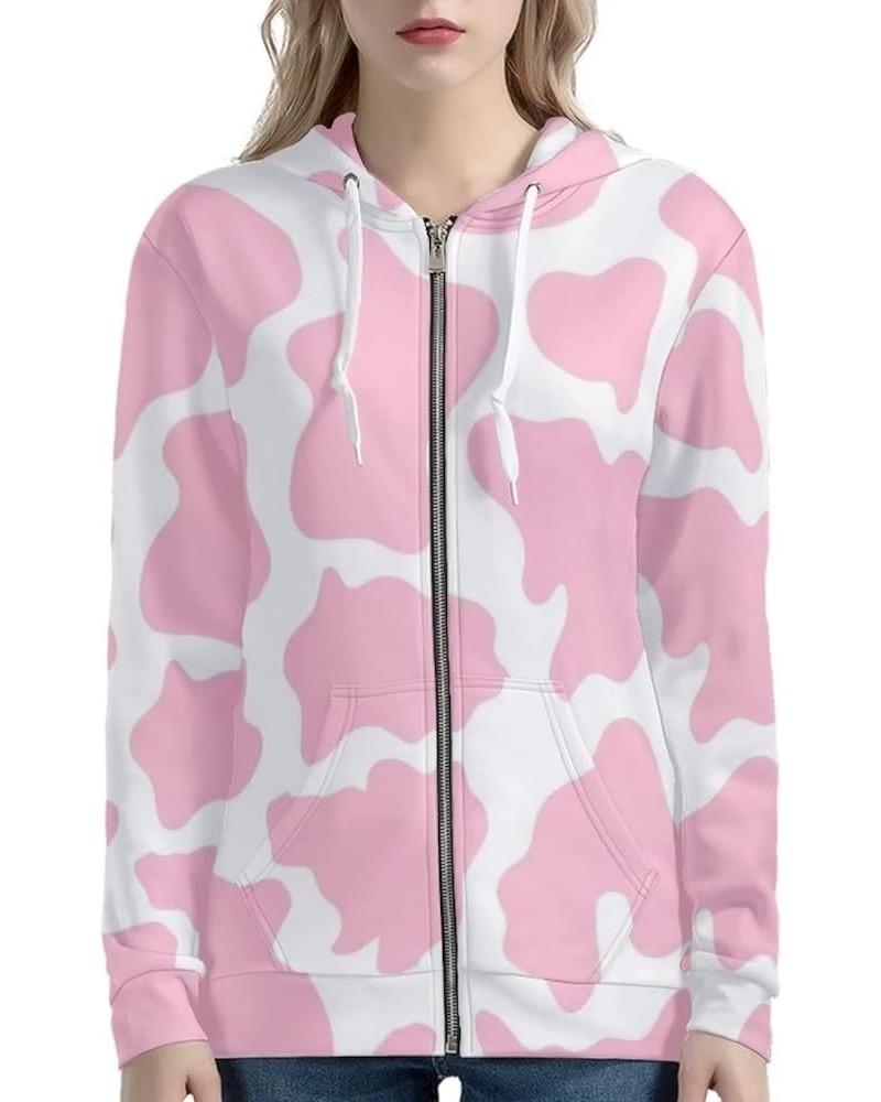 Women's Long Sleeve Hooded Cardigans Fall Lightweight Hoodie Sweatshirts Full Zip with Pocket Pink Milk Cow Prints $17.63 Hoo...