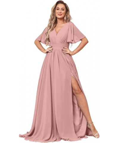 Women's Flutter Sleeve Bridesmaid Dresses with Pockets for Wedding V Neck Split Formal Dresses Dusty Rose $29.69 Dresses