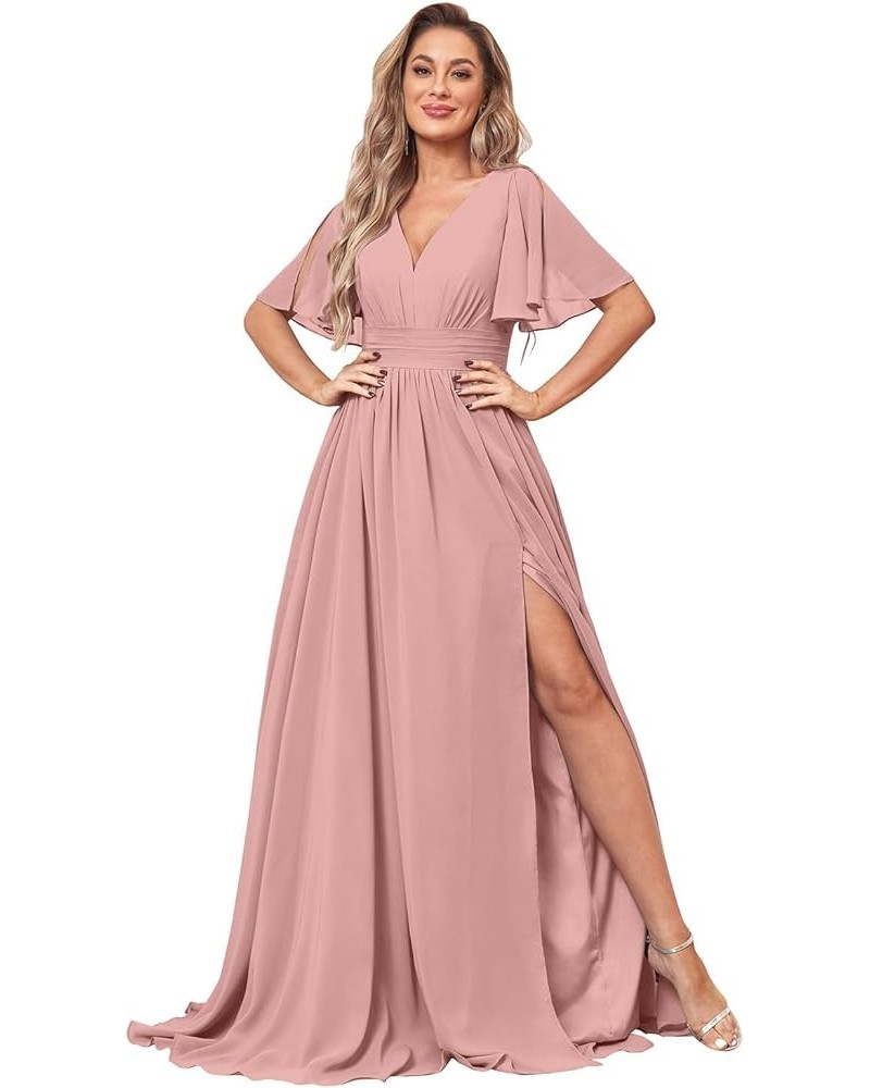 Women's Flutter Sleeve Bridesmaid Dresses with Pockets for Wedding V Neck Split Formal Dresses Dusty Rose $29.69 Dresses