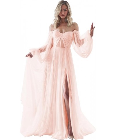 Women's Puffy Long Sleeve Prom Dresses with Slit Off Shoulder Tulle Wedding Formal Evening Gowns YZTS078 Blush $40.79 Dresses