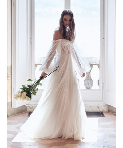 Women's Puffy Long Sleeve Prom Dresses with Slit Off Shoulder Tulle Wedding Formal Evening Gowns YZTS078 Blush $40.79 Dresses