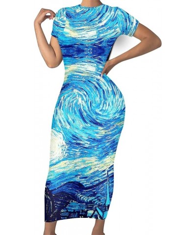 Women's 3D Print Van Gogh Starry Night Short Sleeve Slim Bodycon Maxi Long Dress Van Gogh Starry Night $11.50 Dresses