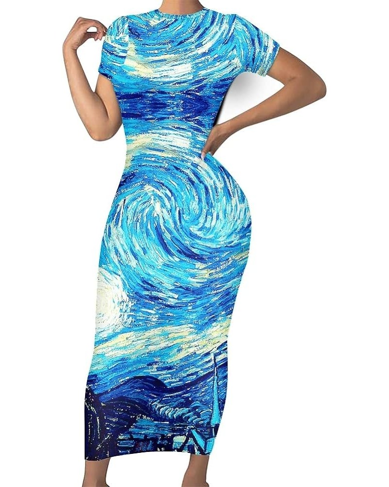 Women's 3D Print Van Gogh Starry Night Short Sleeve Slim Bodycon Maxi Long Dress Van Gogh Starry Night $11.50 Dresses