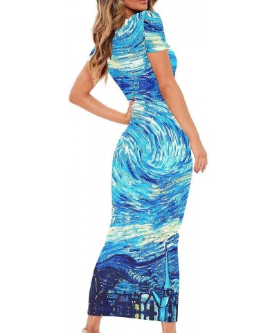 Women's 3D Print Van Gogh Starry Night Short Sleeve Slim Bodycon Maxi Long Dress Van Gogh Starry Night $11.50 Dresses