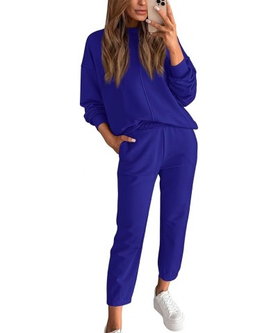 2024 Women 2 Piece Outfits Long Sleeve Pullover Jogger Pants Lounge Sets Fall Winter Sweatsuits Tracksuit Pockets Solid Royal...