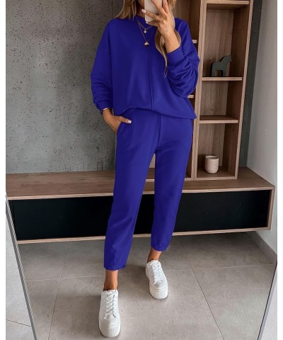 2024 Women 2 Piece Outfits Long Sleeve Pullover Jogger Pants Lounge Sets Fall Winter Sweatsuits Tracksuit Pockets Solid Royal...