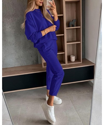 2024 Women 2 Piece Outfits Long Sleeve Pullover Jogger Pants Lounge Sets Fall Winter Sweatsuits Tracksuit Pockets Solid Royal...