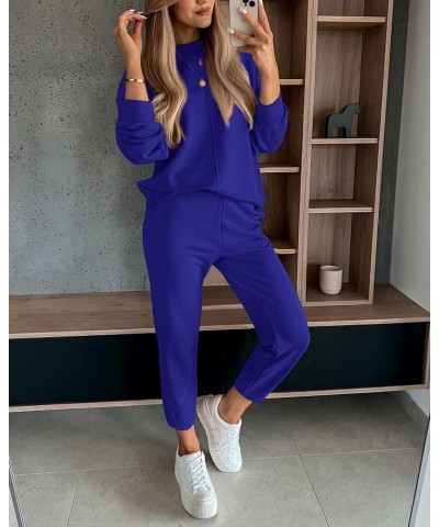 2024 Women 2 Piece Outfits Long Sleeve Pullover Jogger Pants Lounge Sets Fall Winter Sweatsuits Tracksuit Pockets Solid Royal...