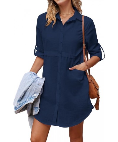 Cotton Button Down Shirt for Women Casual Linen Shirts Roll Up Long Sleeve Mid-Long Blouses Tops with Pockets Navy Blue $11.3...