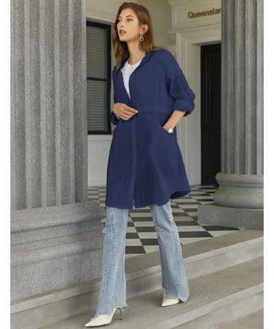 Cotton Button Down Shirt for Women Casual Linen Shirts Roll Up Long Sleeve Mid-Long Blouses Tops with Pockets Navy Blue $11.3...