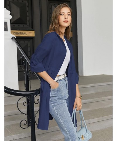 Cotton Button Down Shirt for Women Casual Linen Shirts Roll Up Long Sleeve Mid-Long Blouses Tops with Pockets Navy Blue $11.3...