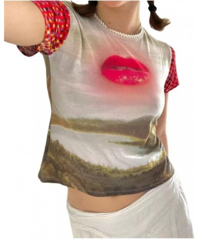 Y2k Tops Graphic Crop Tops Summer Tops Sexy Tops for Women Print Baby Tees Grunge T-Shirt for Women 2023 Red Lips $12.42 Others