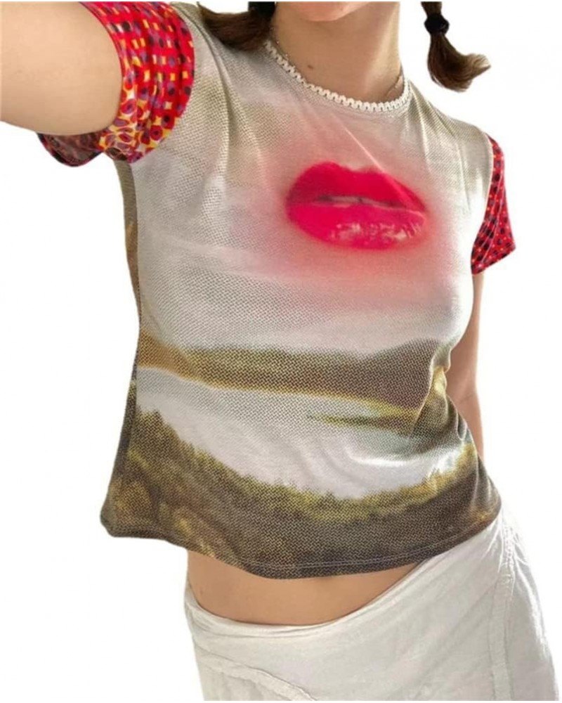 Y2k Tops Graphic Crop Tops Summer Tops Sexy Tops for Women Print Baby Tees Grunge T-Shirt for Women 2023 Red Lips $12.42 Others