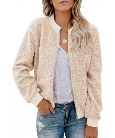 Women's Zip Up Collarless Faux Fur Outerwear Teddy Jacket Long Sleeve Shearling Parka Winter Jacket Coat Khaki $11.52 Coats