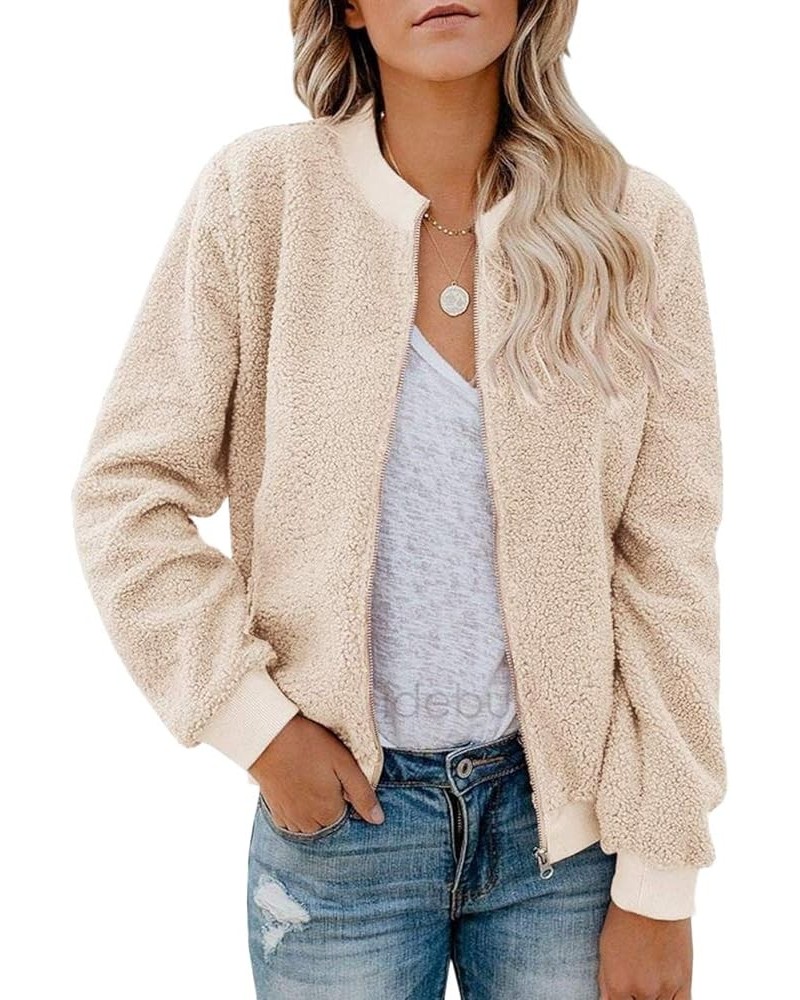 Women's Zip Up Collarless Faux Fur Outerwear Teddy Jacket Long Sleeve Shearling Parka Winter Jacket Coat Khaki $11.52 Coats