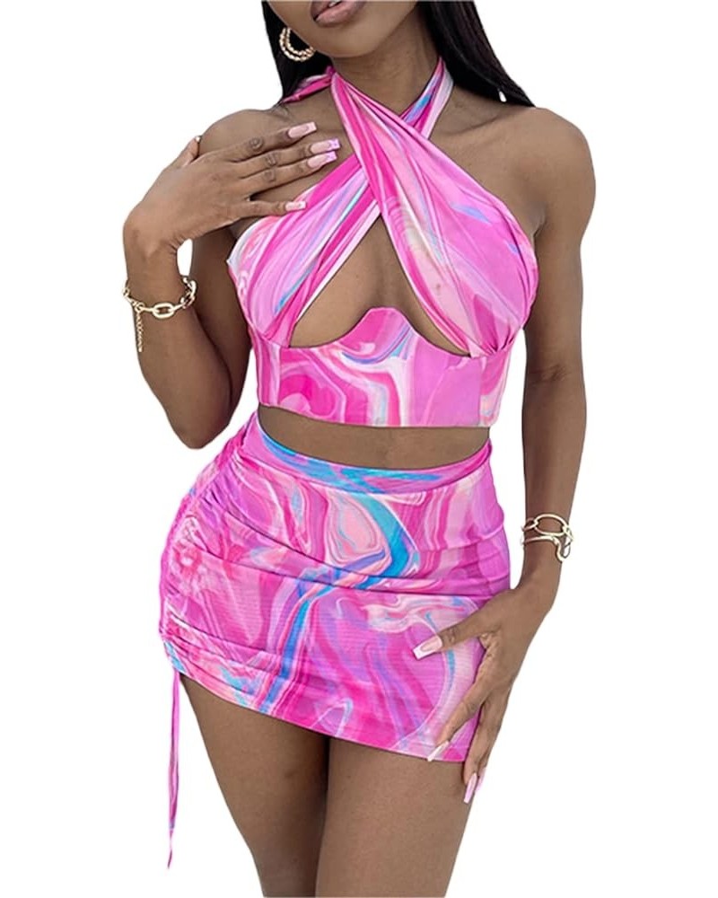 Women Sexy Bodycon Mini Skirt Set Halter Cutout Tank Crop Tops Y2K Two Piece Outfits Bandage Dress Clubwear A2 Pink Tie Dye $...