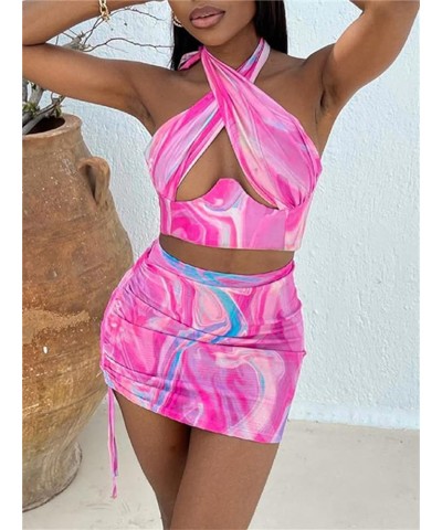 Women Sexy Bodycon Mini Skirt Set Halter Cutout Tank Crop Tops Y2K Two Piece Outfits Bandage Dress Clubwear A2 Pink Tie Dye $...