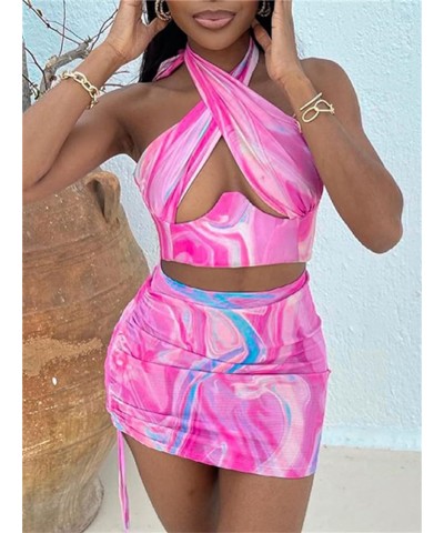 Women Sexy Bodycon Mini Skirt Set Halter Cutout Tank Crop Tops Y2K Two Piece Outfits Bandage Dress Clubwear A2 Pink Tie Dye $...