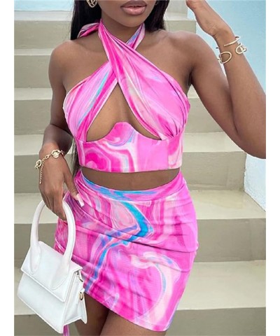 Women Sexy Bodycon Mini Skirt Set Halter Cutout Tank Crop Tops Y2K Two Piece Outfits Bandage Dress Clubwear A2 Pink Tie Dye $...