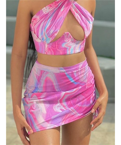 Women Sexy Bodycon Mini Skirt Set Halter Cutout Tank Crop Tops Y2K Two Piece Outfits Bandage Dress Clubwear A2 Pink Tie Dye $...