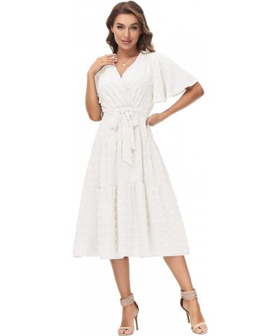 Women V-Neck Ruffle Short Sleeve Wrap Dress Tiered Flared A-Line Swing Maxi Dress with Belt White $19.24 Dresses