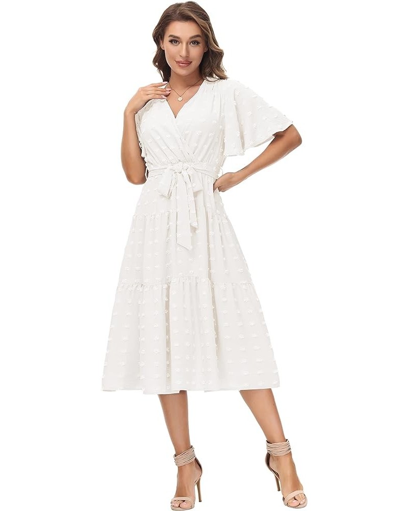 Women V-Neck Ruffle Short Sleeve Wrap Dress Tiered Flared A-Line Swing Maxi Dress with Belt White $19.24 Dresses