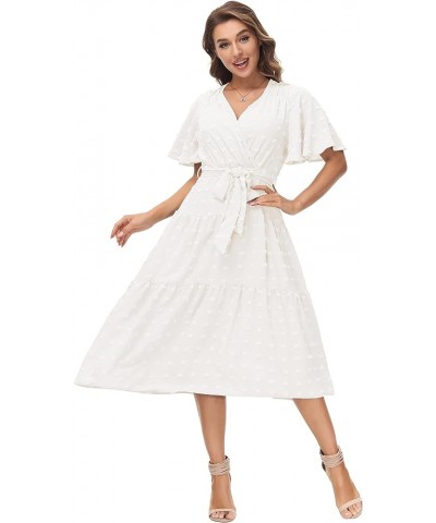 Women V-Neck Ruffle Short Sleeve Wrap Dress Tiered Flared A-Line Swing Maxi Dress with Belt White $19.24 Dresses