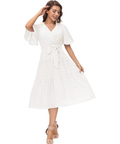 Women V-Neck Ruffle Short Sleeve Wrap Dress Tiered Flared A-Line Swing Maxi Dress with Belt White $19.24 Dresses