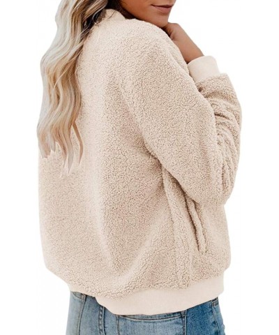 Women's Zip Up Collarless Faux Fur Outerwear Teddy Jacket Long Sleeve Shearling Parka Winter Jacket Coat Khaki $11.52 Coats