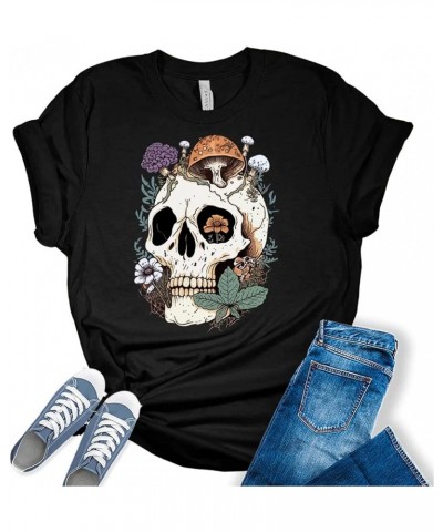 Womens Mushroom Skull Shirt Cottagecore Aesthetic T Shirt Goblincore Y2K Graphic Tees Black $15.37 T-Shirts