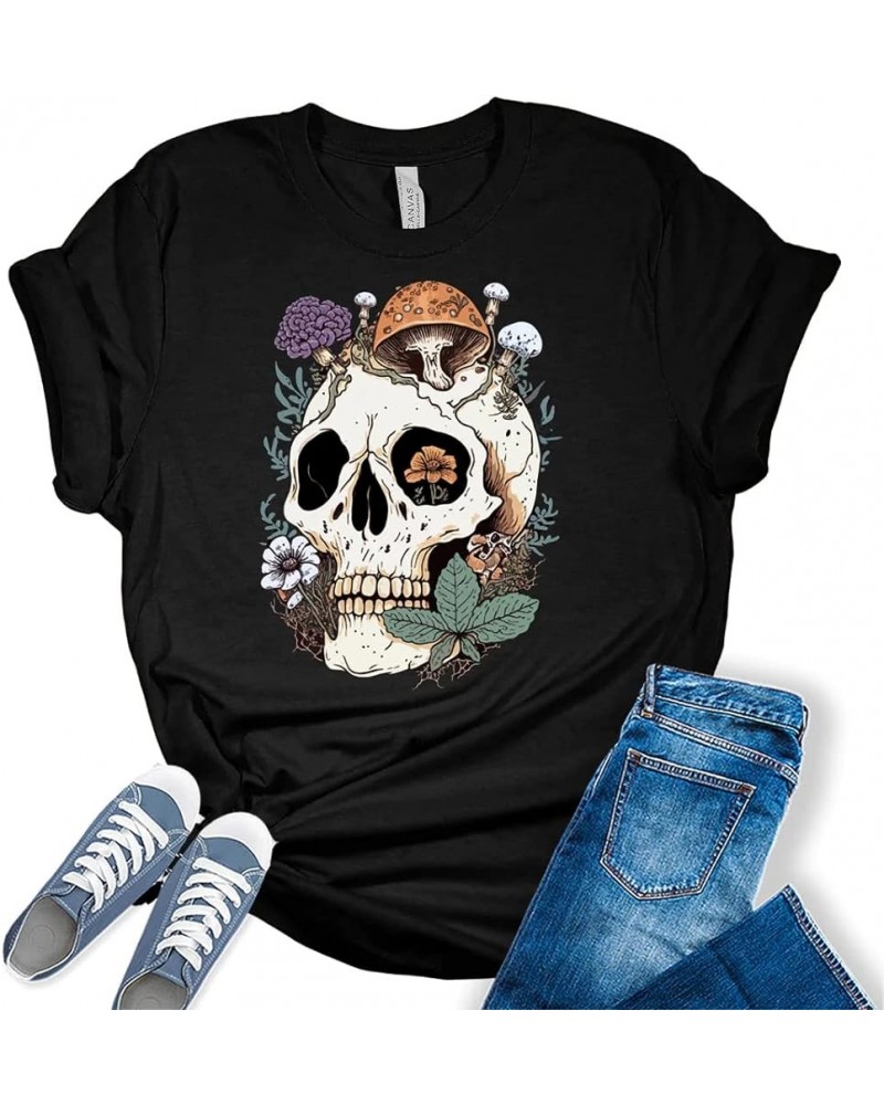 Womens Mushroom Skull Shirt Cottagecore Aesthetic T Shirt Goblincore Y2K Graphic Tees Black $15.37 T-Shirts