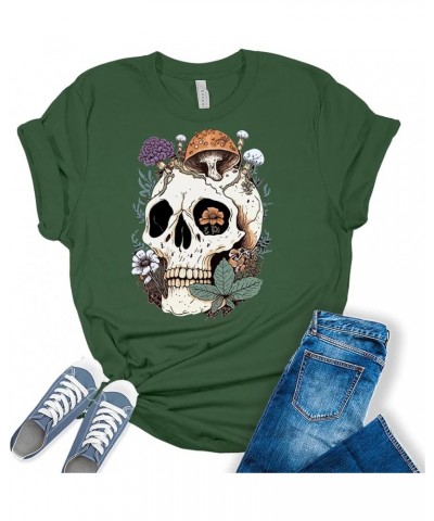 Womens Mushroom Skull Shirt Cottagecore Aesthetic T Shirt Goblincore Y2K Graphic Tees Black $15.37 T-Shirts