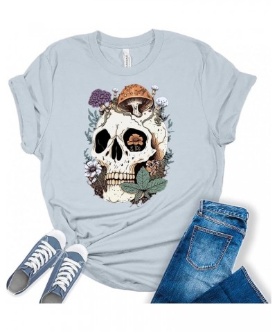 Womens Mushroom Skull Shirt Cottagecore Aesthetic T Shirt Goblincore Y2K Graphic Tees Black $15.37 T-Shirts