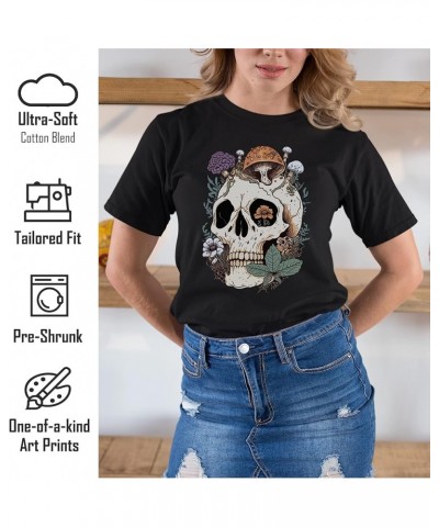 Womens Mushroom Skull Shirt Cottagecore Aesthetic T Shirt Goblincore Y2K Graphic Tees Black $15.37 T-Shirts