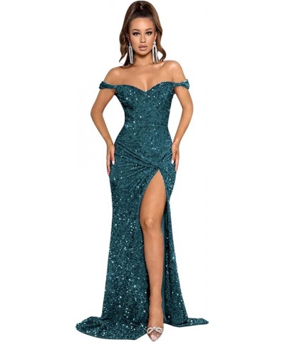 Off The Shoulder Sequin Prom Dresses with Slit Long Formal Evening Gowns Teal $30.00 Dresses