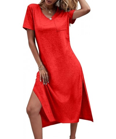 Women Summer T Shirt Dress Casual Short Sleeve V Neck Maxi Dresses Loose Side Slit Long Tshirt Dress with Pockets Burgundy $2...