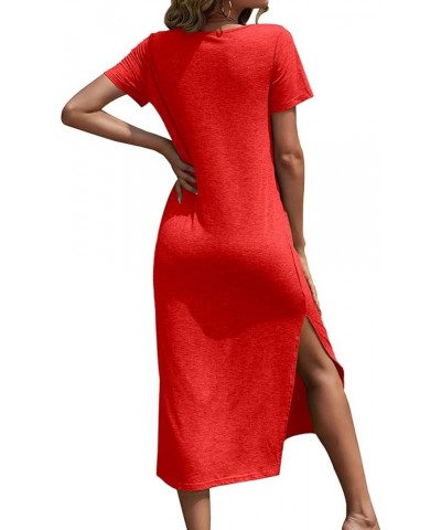 Women Summer T Shirt Dress Casual Short Sleeve V Neck Maxi Dresses Loose Side Slit Long Tshirt Dress with Pockets Burgundy $2...