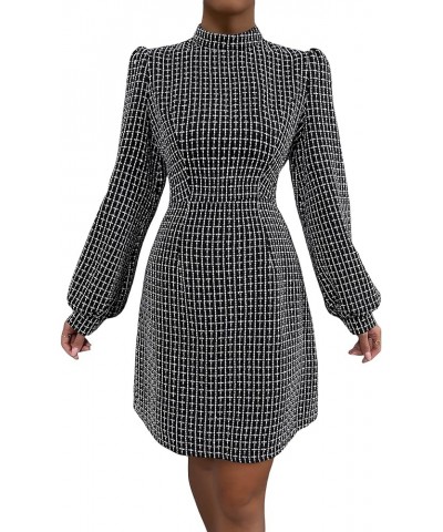 Women's Plaid Tweed Mock Neck Lantern Long Sleeve Dress Casual A Line Dresses Black $12.71 Dresses