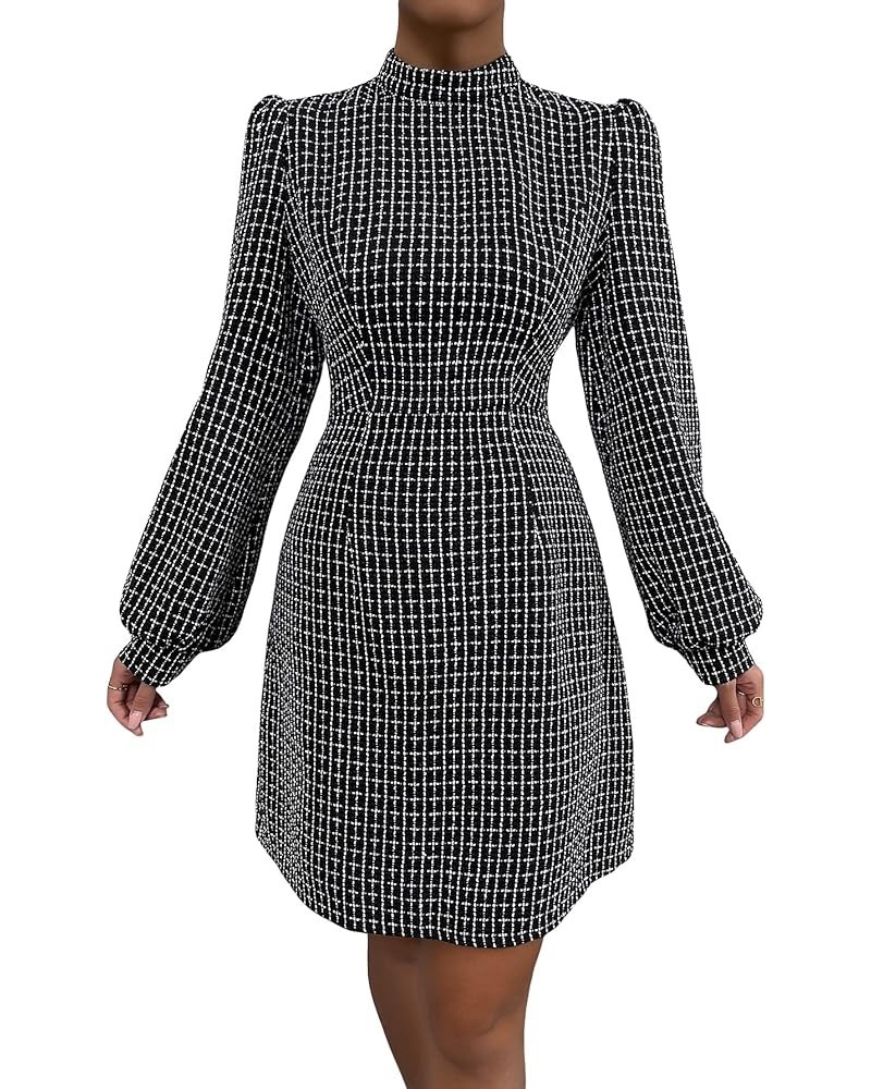 Women's Plaid Tweed Mock Neck Lantern Long Sleeve Dress Casual A Line Dresses Black $12.71 Dresses