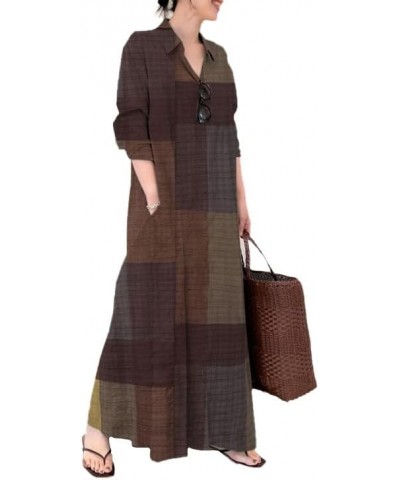 Women's Casual Cotton Linen Shirt Dress Polo Neck Long Sleeve Button-End Basic Loose Fit Dress with Pockets Plaid Brown $18.8...