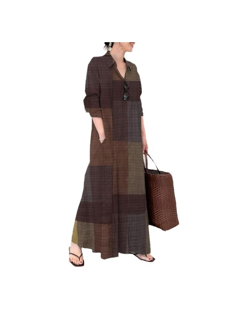 Women's Casual Cotton Linen Shirt Dress Polo Neck Long Sleeve Button-End Basic Loose Fit Dress with Pockets Plaid Brown $18.8...