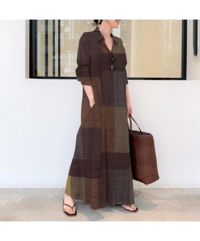 Women's Casual Cotton Linen Shirt Dress Polo Neck Long Sleeve Button-End Basic Loose Fit Dress with Pockets Plaid Brown $18.8...