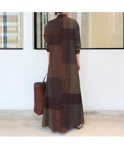 Women's Casual Cotton Linen Shirt Dress Polo Neck Long Sleeve Button-End Basic Loose Fit Dress with Pockets Plaid Brown $18.8...