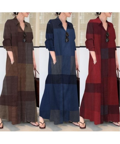 Women's Casual Cotton Linen Shirt Dress Polo Neck Long Sleeve Button-End Basic Loose Fit Dress with Pockets Plaid Brown $18.8...