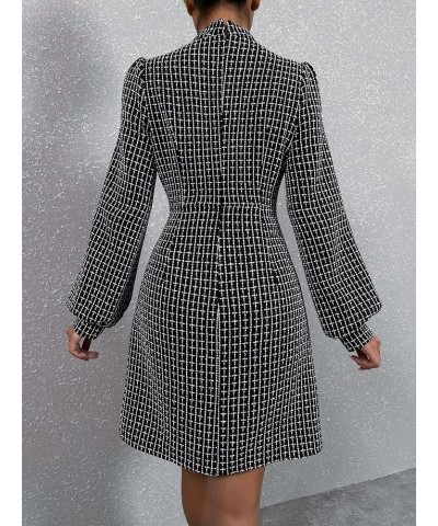 Women's Plaid Tweed Mock Neck Lantern Long Sleeve Dress Casual A Line Dresses Black $12.71 Dresses