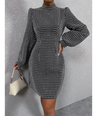 Women's Plaid Tweed Mock Neck Lantern Long Sleeve Dress Casual A Line Dresses Black $12.71 Dresses